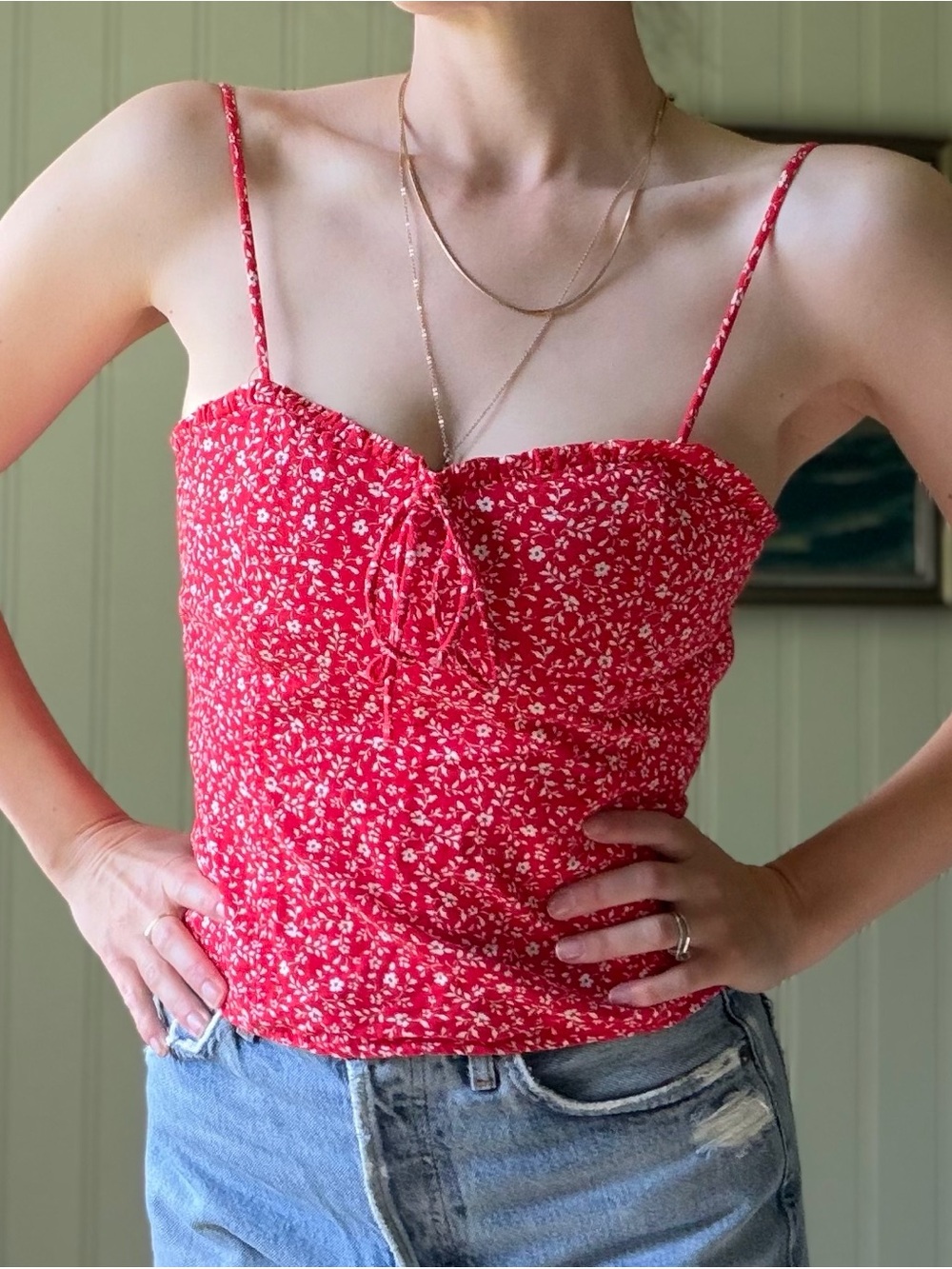 Zara Red Floral Tie-Front Spaghetti Strap Top - XS Fit